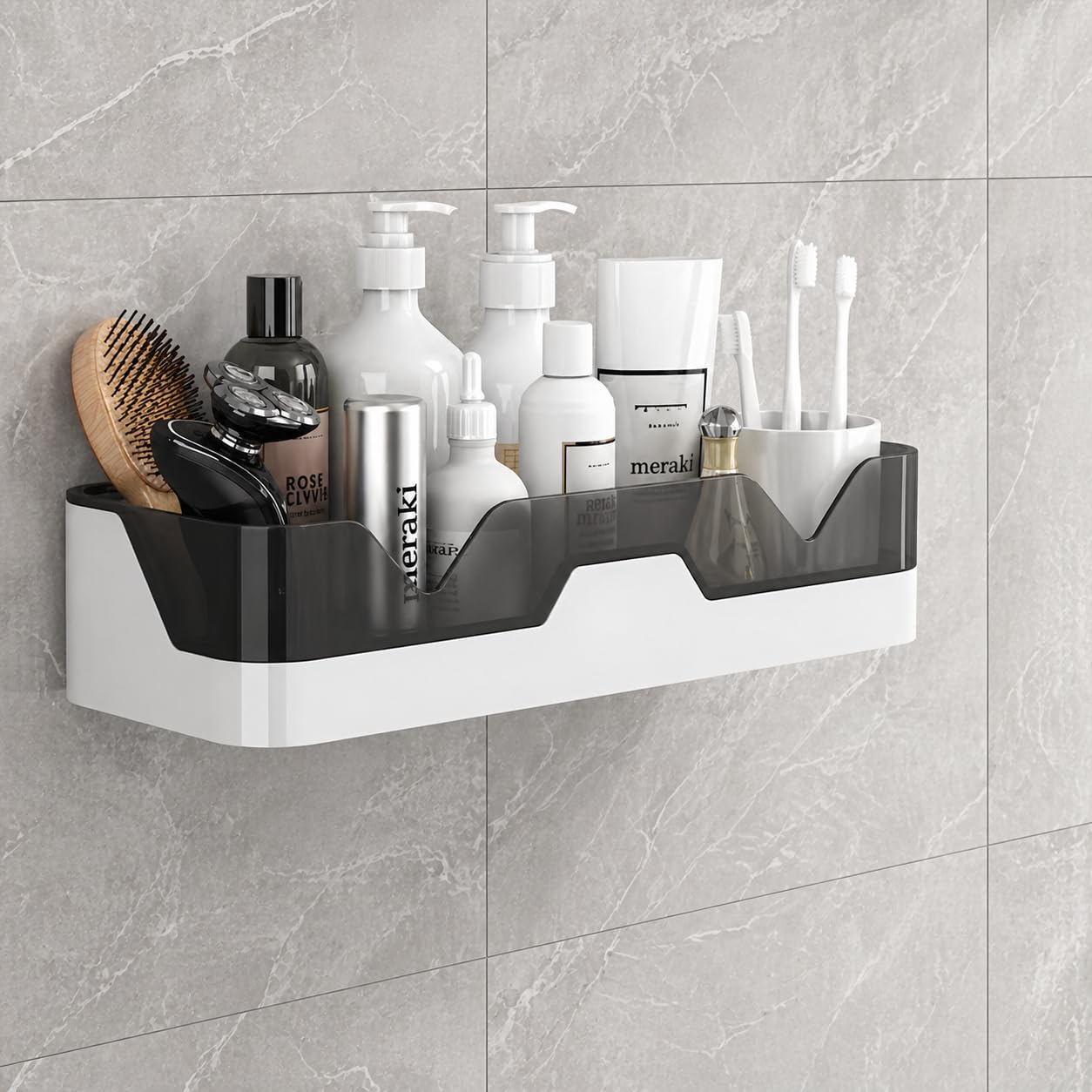 Wall Mounted Bathroom Shelf Organizer with Drain Tray & Strong Adhesive | No Drill Storage Rack